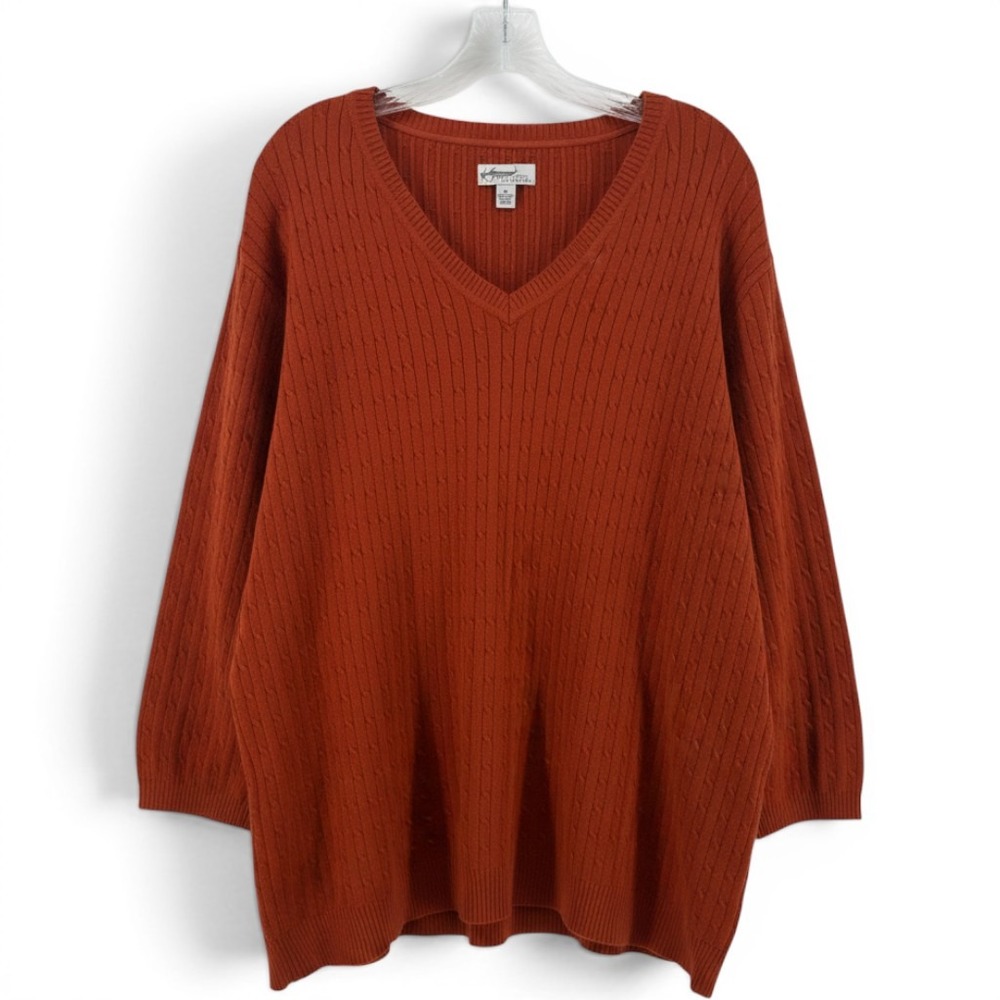 Kim Rogers Woman Burnt Orange Cable Knit V-Neck Cotton Sweater Plus Size 3X Fall